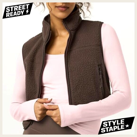 Cropped Sherpa Vest Sleeveless Zip Up Loose Fit Cozy Fall Winter Outerwear - Picture 4 of 7